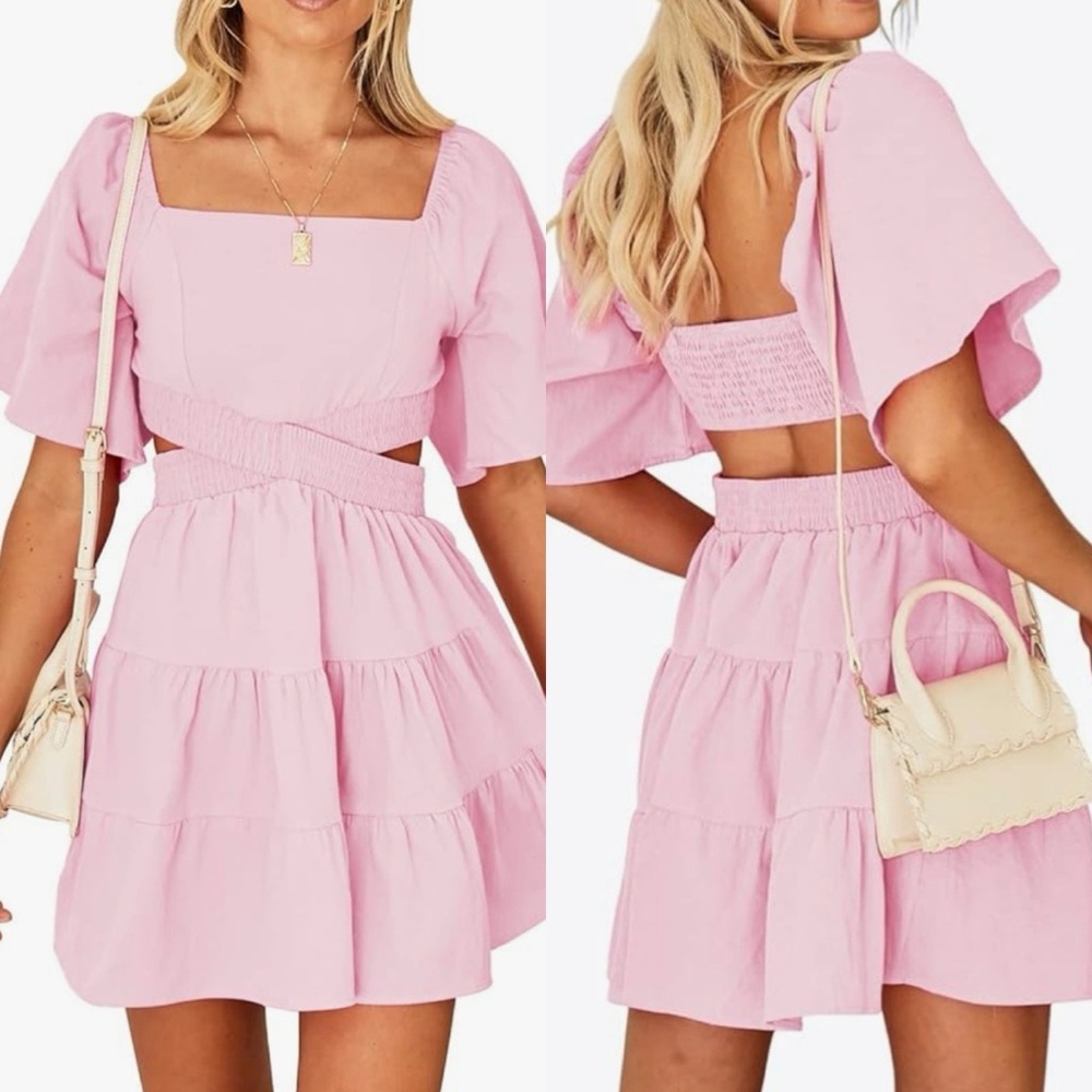 Pink short sleeve square neck mini dress